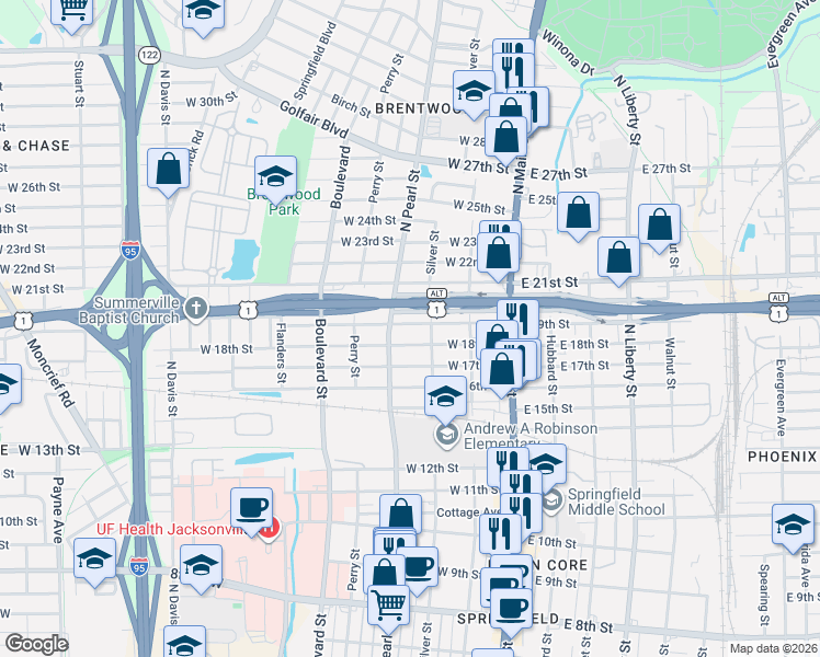 map of restaurants, bars, coffee shops, grocery stores, and more near 2818 North Pearl Street in Jacksonville