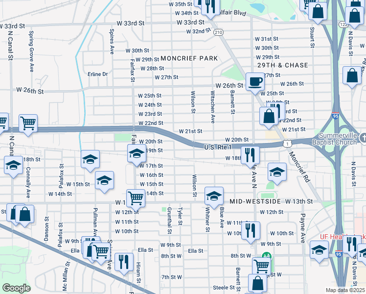 map of restaurants, bars, coffee shops, grocery stores, and more near 1587 West 19th Street in Jacksonville