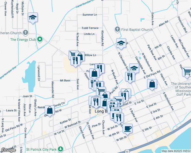 map of restaurants, bars, coffee shops, grocery stores, and more near 229 Klondyke Rd in Long Beach