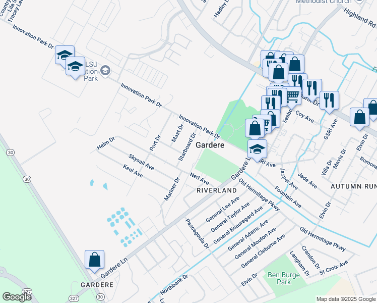 map of restaurants, bars, coffee shops, grocery stores, and more near 1753 Starboard Drive in Baton Rouge