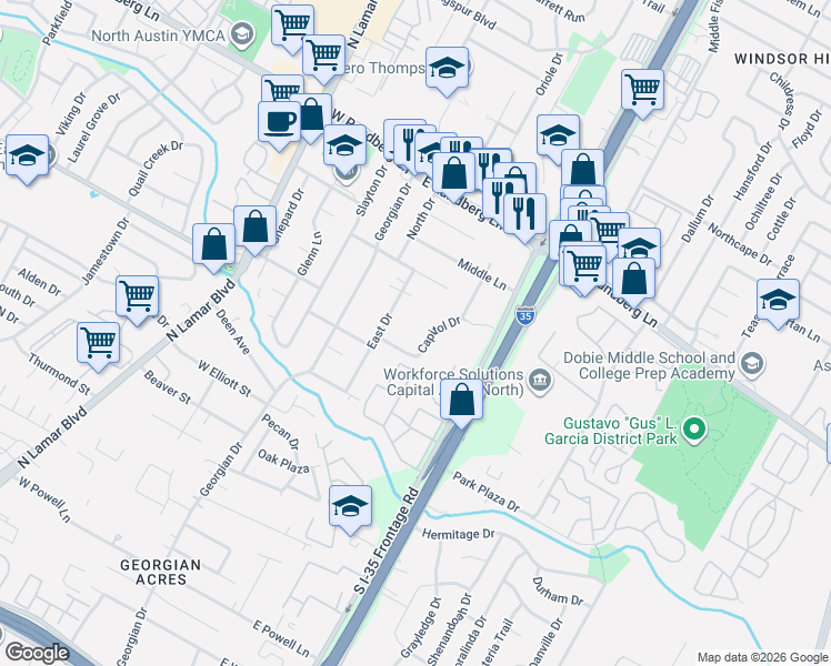 map of restaurants, bars, coffee shops, grocery stores, and more near 8908 Capitol Drive in Austin