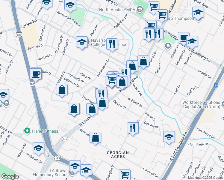 map of restaurants, bars, coffee shops, grocery stores, and more near 8610 North Lamar Boulevard in Austin