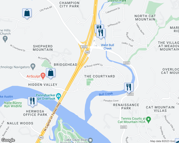 map of restaurants, bars, coffee shops, grocery stores, and more near 5804 Back Court in Austin