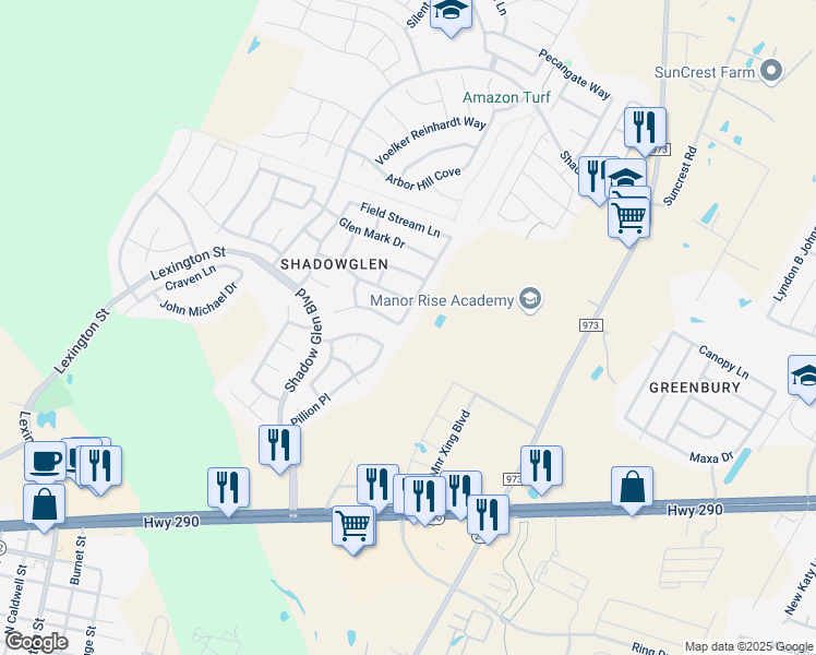 map of restaurants, bars, coffee shops, grocery stores, and more near 13832 Field Spar Drive in Manor