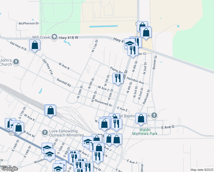 map of restaurants, bars, coffee shops, grocery stores, and more near 850 North 7th Street in Silsbee