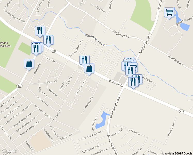 map of restaurants, bars, coffee shops, grocery stores, and more near 9211 Parkway Drive in Baton Rouge