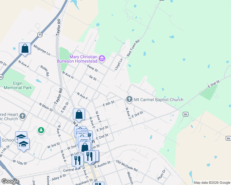 map of restaurants, bars, coffee shops, grocery stores, and more near 619 Q.S. Goins Lane in Elgin