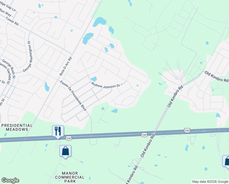map of restaurants, bars, coffee shops, grocery stores, and more near 19909 W.T. Gallaway Street in Manor