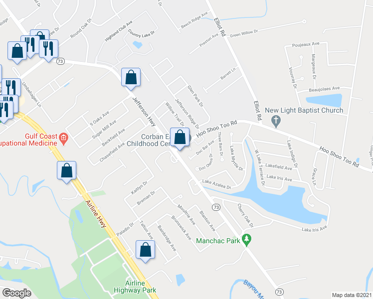 map of restaurants, bars, coffee shops, grocery stores, and more near 17450 Hoo Shoo Too Road in Baton Rouge