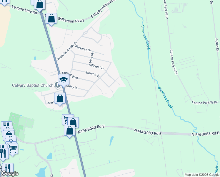 map of restaurants, bars, coffee shops, grocery stores, and more near 102 Summit Dr in Conroe