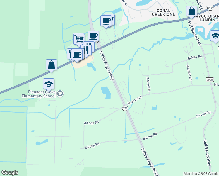 map of restaurants, bars, coffee shops, grocery stores, and more near 10000 North Loop Road in Pensacola