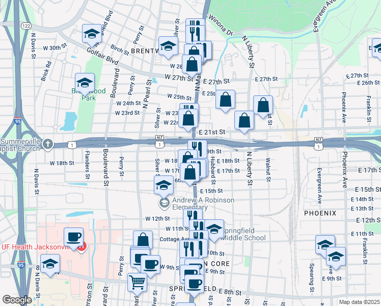 map of restaurants, bars, coffee shops, grocery stores, and more near 2822 North Main Street in Jacksonville