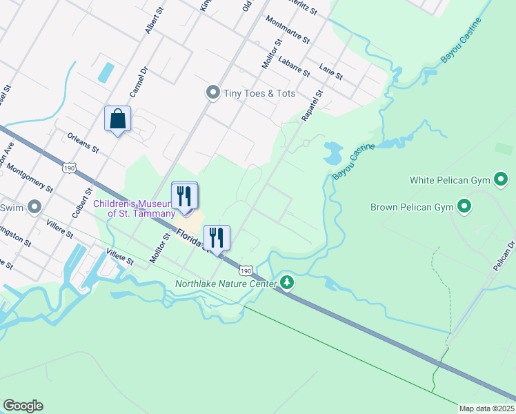 map of restaurants, bars, coffee shops, grocery stores, and more near 675 America Street in Mandeville