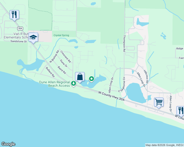 map of restaurants, bars, coffee shops, grocery stores, and more near 165 Dolphin Drive in Santa Rosa Beach