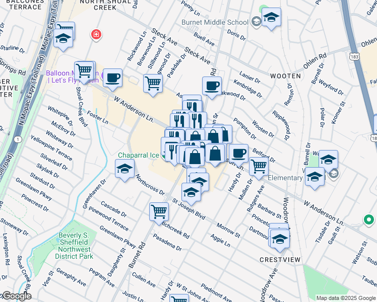map of restaurants, bars, coffee shops, grocery stores, and more near 7820 Burnet Road in Austin