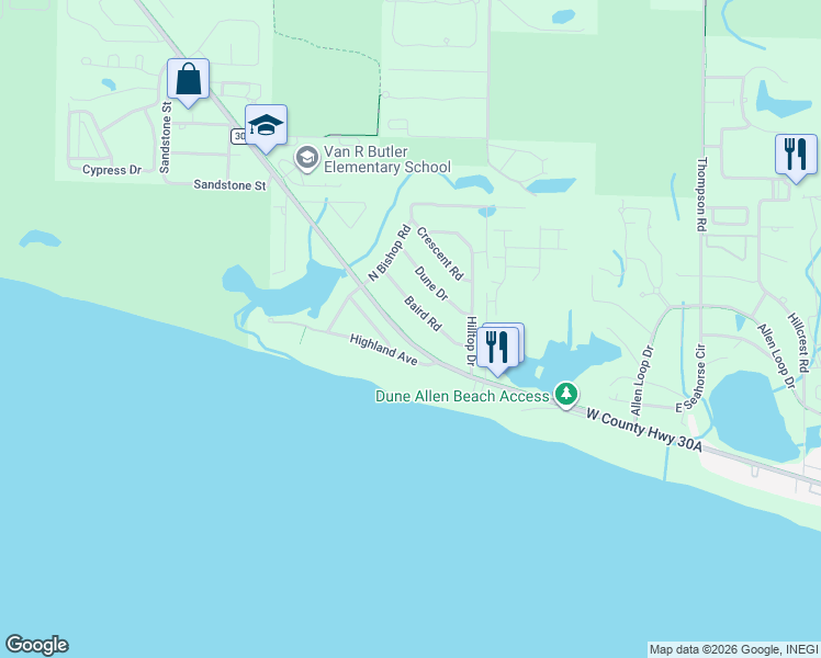 map of restaurants, bars, coffee shops, grocery stores, and more near 6192 West County Highway 30A in Santa Rosa Beach