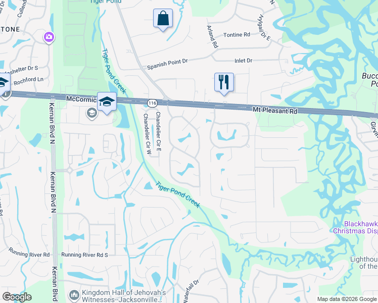 map of restaurants, bars, coffee shops, grocery stores, and more near 1703 Bristlecone Pine Place in Jacksonville