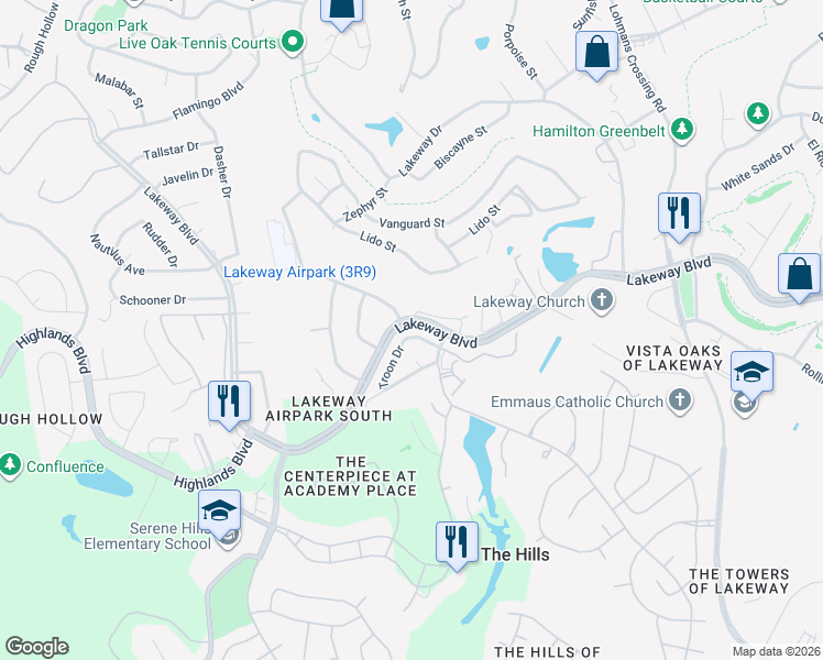 map of restaurants, bars, coffee shops, grocery stores, and more near 16 Troon Drive in Lakeway