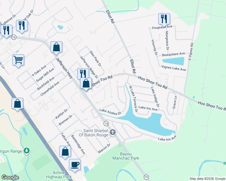 map of restaurants, bars, coffee shops, grocery stores, and more near 18367 Three Bars Drive in Baton Rouge