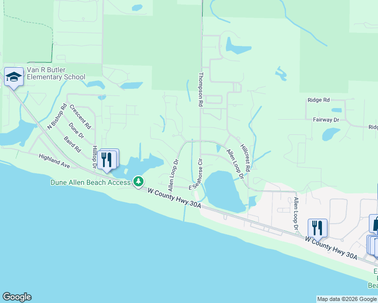 map of restaurants, bars, coffee shops, grocery stores, and more near 56 Seamist Lane in Santa Rosa Beach