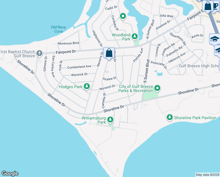 map of restaurants, bars, coffee shops, grocery stores, and more near 213 Norwich Drive in Gulf Breeze