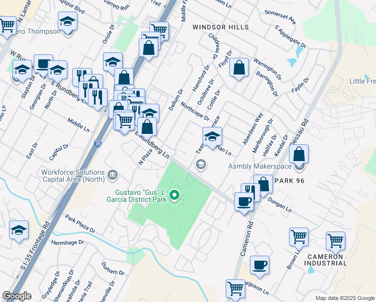 map of restaurants, bars, coffee shops, grocery stores, and more near 1110 Village Green Dr in Austin