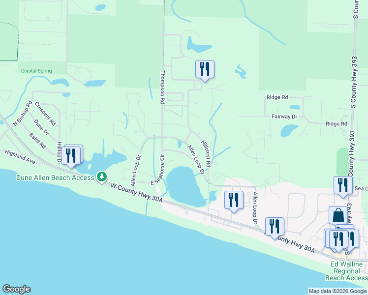 map of restaurants, bars, coffee shops, grocery stores, and more near 112 Oyster Lake Drive in Santa Rosa Beach