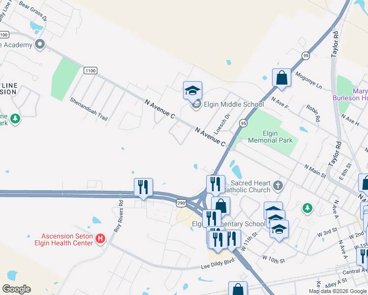 map of restaurants, bars, coffee shops, grocery stores, and more near 138 Vicksburg Loop in Elgin