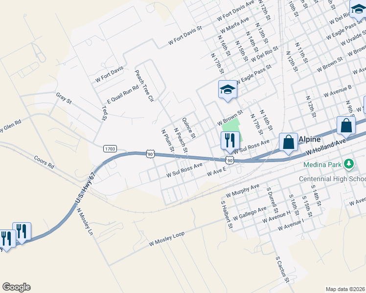 map of restaurants, bars, coffee shops, grocery stores, and more near 434-498 N Plum St in Alpine
