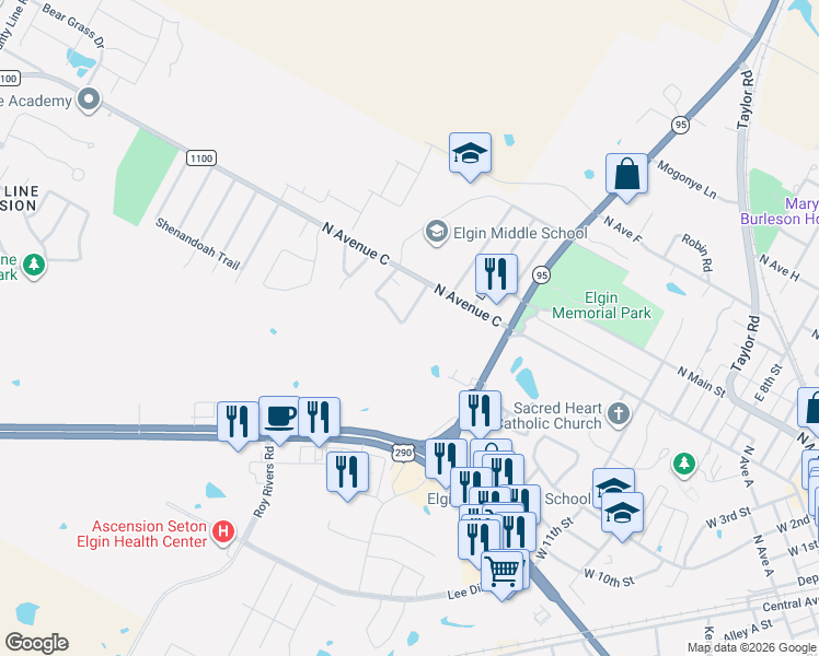 map of restaurants, bars, coffee shops, grocery stores, and more near 138 Vicksburg Loop in Elgin