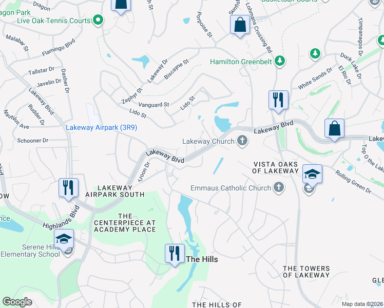 map of restaurants, bars, coffee shops, grocery stores, and more near 38 Prestonwood Circle in Lakeway