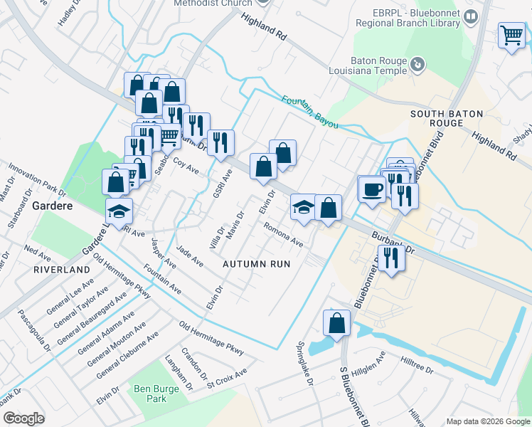 map of restaurants, bars, coffee shops, grocery stores, and more near 933 Elvin Drive in Baton Rouge