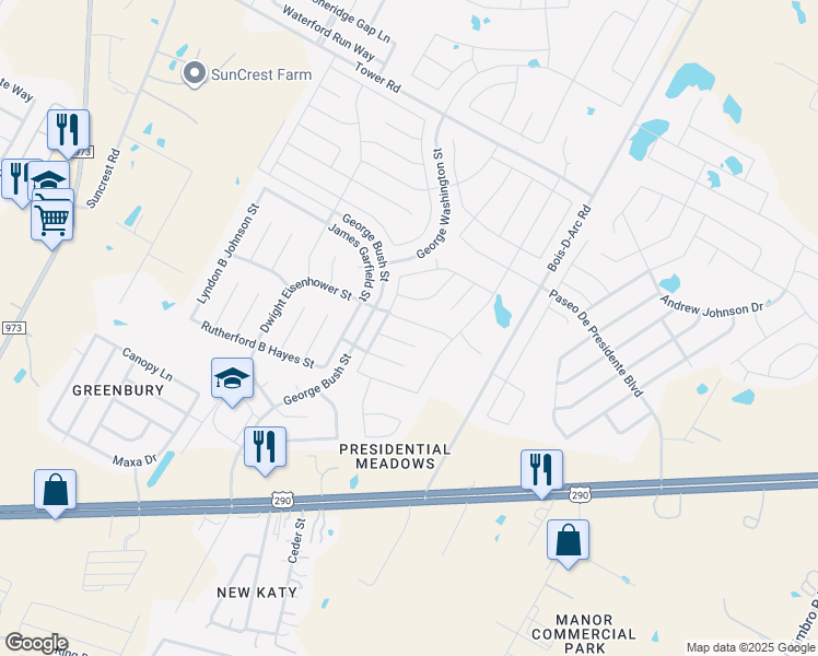 map of restaurants, bars, coffee shops, grocery stores, and more near 12825 Dwight Eisenhower Street in Manor