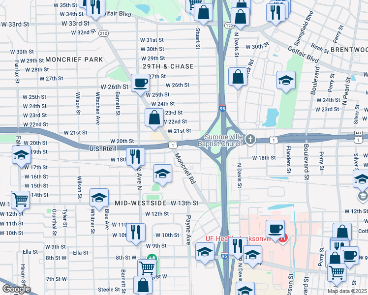 map of restaurants, bars, coffee shops, grocery stores, and more near 2905 Abbott Street in Jacksonville