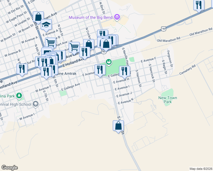 map of restaurants, bars, coffee shops, grocery stores, and more near 804 East Avenue H in Alpine