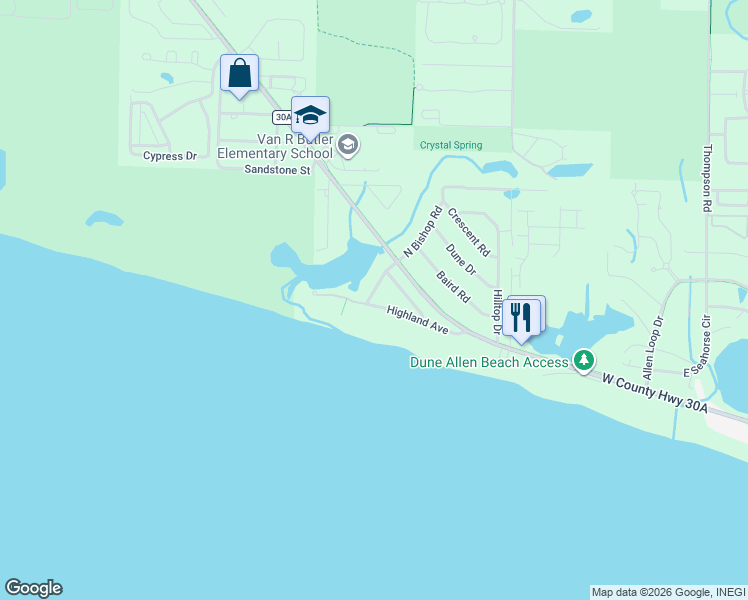 map of restaurants, bars, coffee shops, grocery stores, and more near 123 South Bishop Road in Santa Rosa Beach