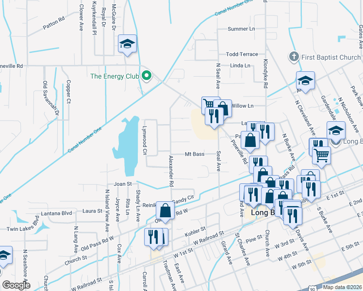 map of restaurants, bars, coffee shops, grocery stores, and more near 19013 Red Bud Drive in Long Beach