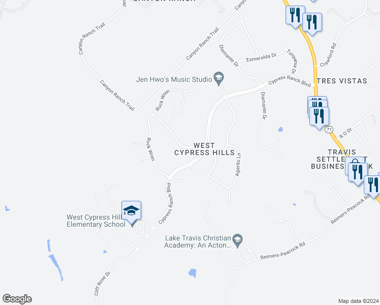 map of restaurants, bars, coffee shops, grocery stores, and more near 5409 Texas Bluebell Drive in Spicewood