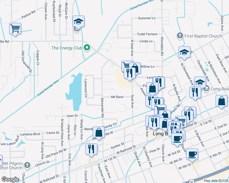 map of restaurants, bars, coffee shops, grocery stores, and more near 19013 Red Bud Drive in Long Beach