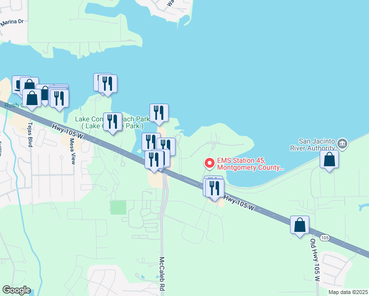 map of restaurants, bars, coffee shops, grocery stores, and more near 844 Beach Walk Boulevard in Conroe