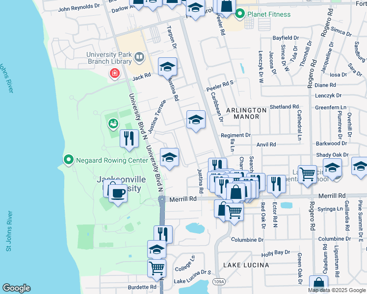map of restaurants, bars, coffee shops, grocery stores, and more near 3102 Tall Pine Lane West in Jacksonville