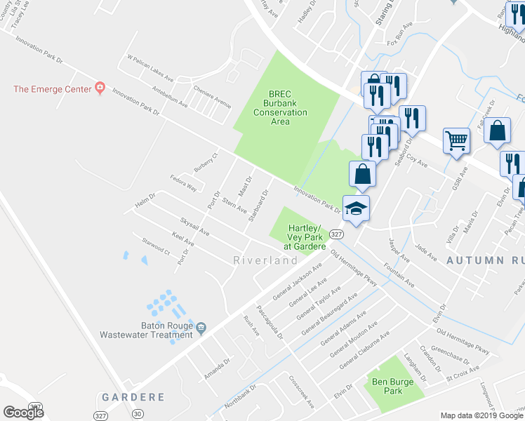 map of restaurants, bars, coffee shops, grocery stores, and more near 1753 Starboard Drive in Baton Rouge