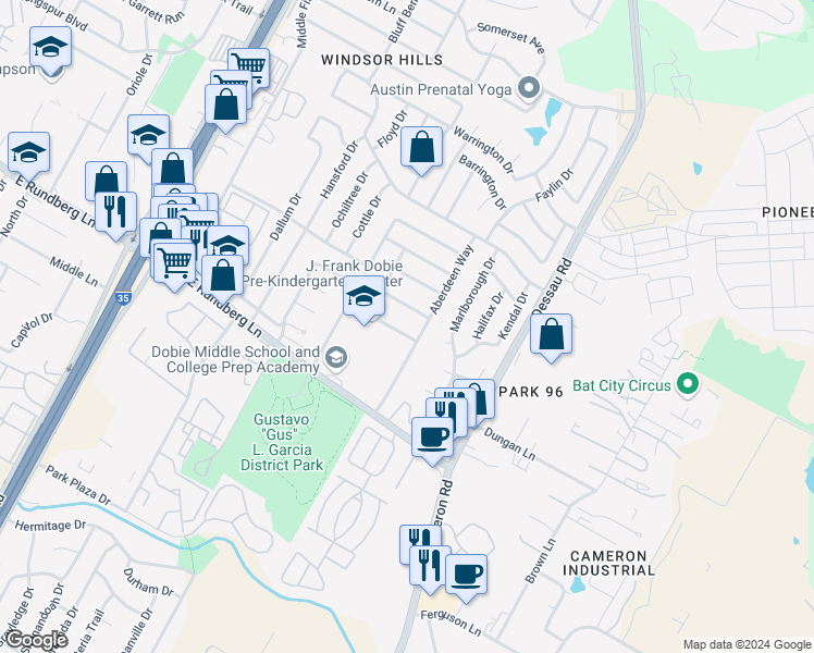 map of restaurants, bars, coffee shops, grocery stores, and more near 9605 Aberdeen Way in Austin