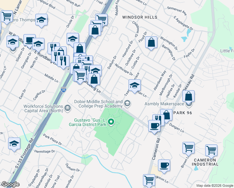 map of restaurants, bars, coffee shops, grocery stores, and more near 1110 Village Green Drive in Austin