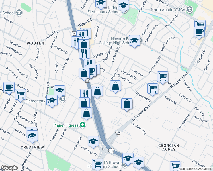 map of restaurants, bars, coffee shops, grocery stores, and more near 8404 Jamestown Drive in Austin