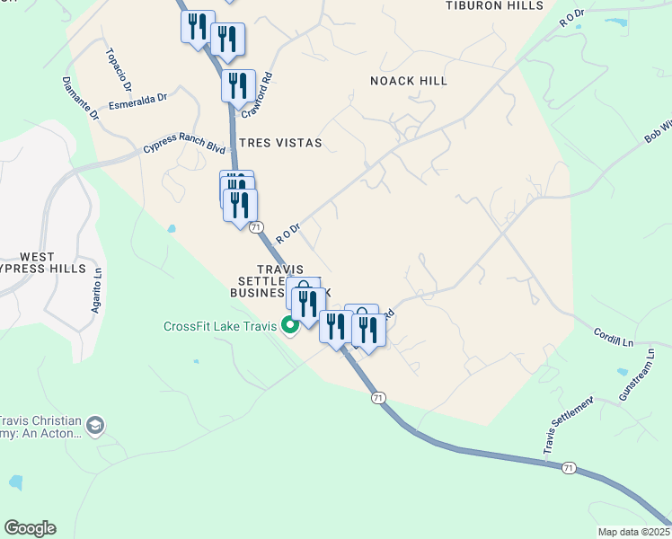 map of restaurants, bars, coffee shops, grocery stores, and more near 21300 Crestmont in Spicewood