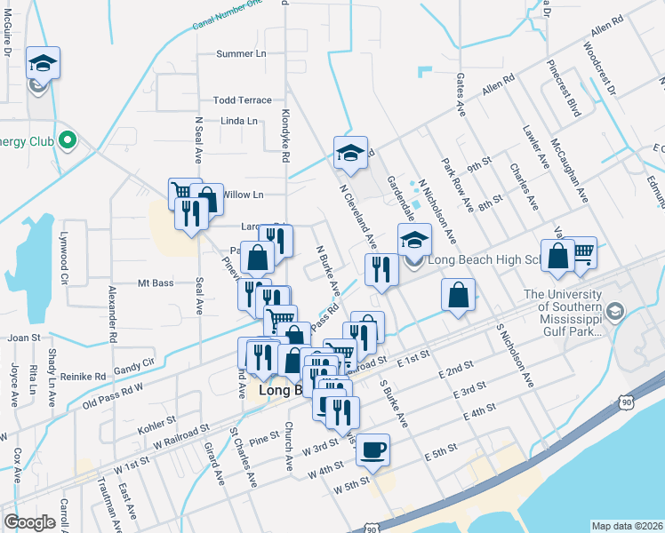 map of restaurants, bars, coffee shops, grocery stores, and more near 284 North Burke Avenue in Long Beach