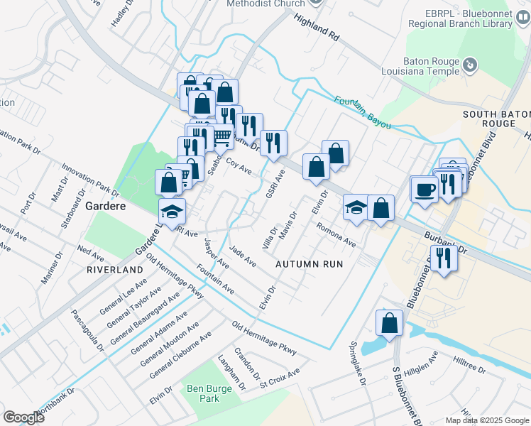 map of restaurants, bars, coffee shops, grocery stores, and more near 8934 GSRI Avenue in Baton Rouge