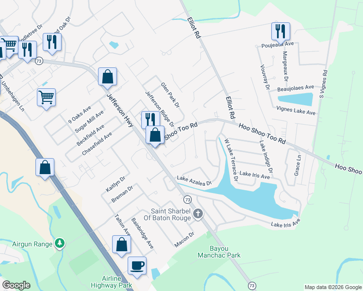 map of restaurants, bars, coffee shops, grocery stores, and more near 18310 Doc Olena Drive in Baton Rouge