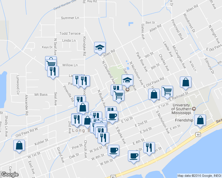 map of restaurants, bars, coffee shops, grocery stores, and more near 20 North Cleveland Avenue in Long Beach